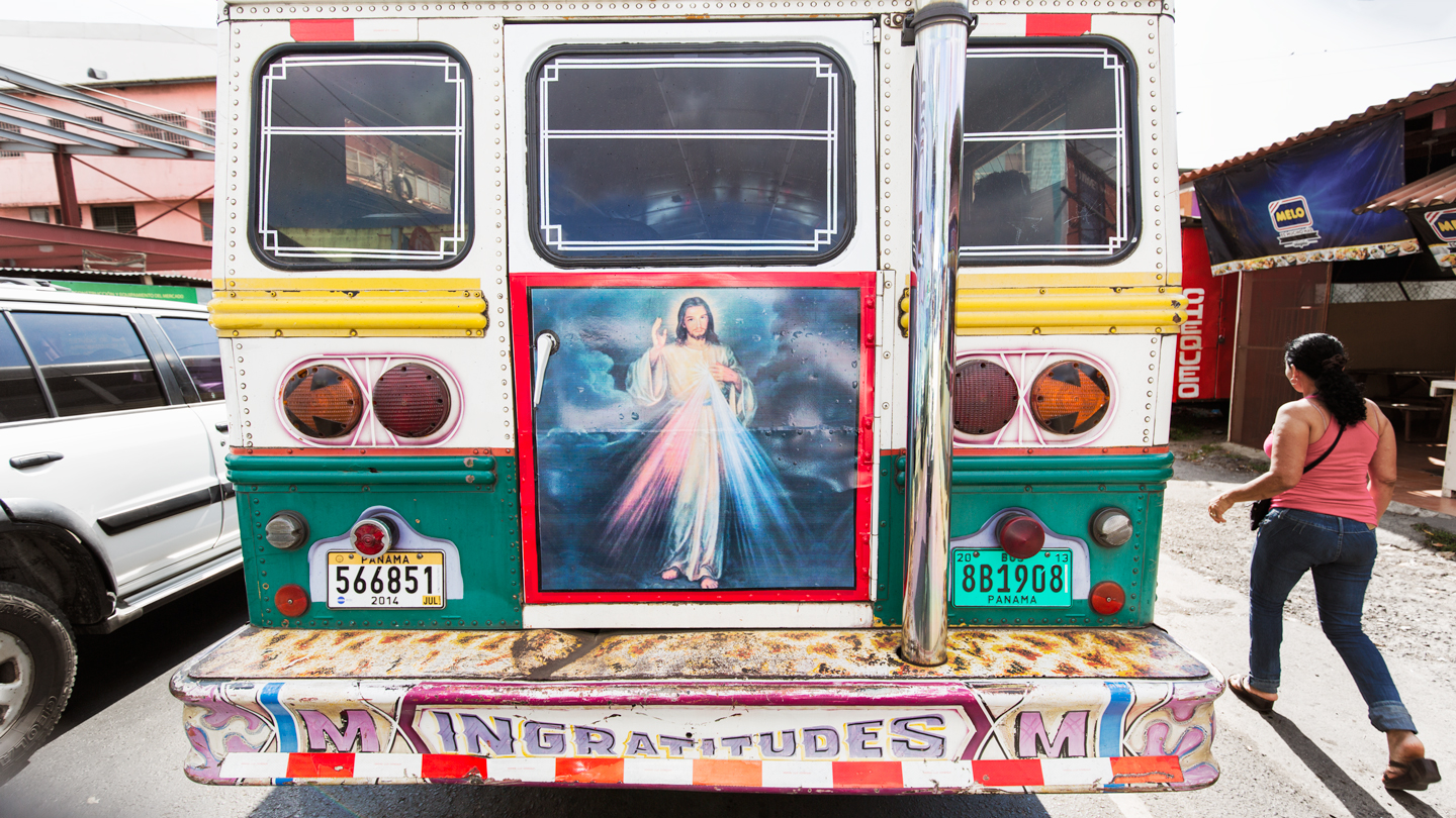 Bus with Jesus and religous icons painted on bus Panama Central America