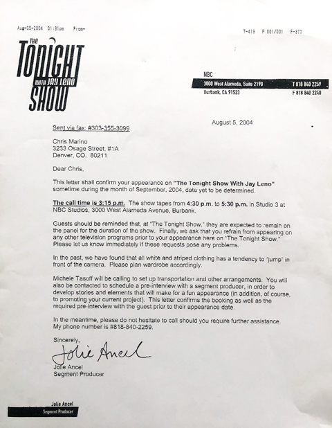 Letter to appear on The Tonight Show with Jay Leno